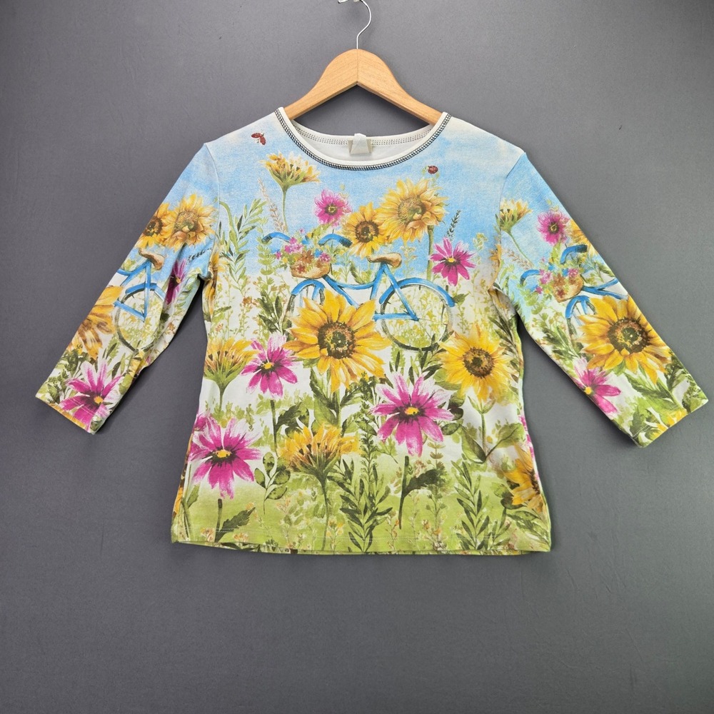 Jess & Jane Top Sunny Ride M Multi Color Sunflower Floral Bicycle Cotton USA
